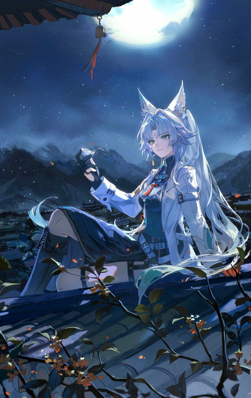 absurdres animal_ears black_footwear black_gloves blue_eyes blue_shirt boots breasts chinese_commentary cloud commentary_request cup feixiao_(honkai:_star_rail) female foot_out_of_frame forehead_jewel fox_ears fox_girl from_side gloves grey_hair grey_jacket hand_up highres holding holding_cup honkai:_star_rail honkai_(series) jacket long_hair long_sleeves medium_breasts moon night night_sky on_roof parted_bangs parted_lips partially_fingerless_gloves qqqne roof_shingles shirt sitting sitting_on_roof sky solo star_(sky) starry_sky tassel teeth thigh_strap very_long_hair