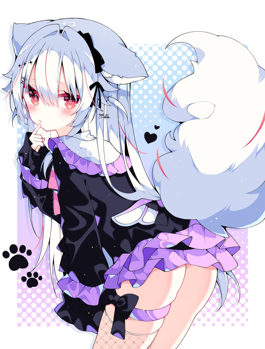 animal_ear_fluff animal_ears ass black_dress blush commentary commission dress female finger_to_mouth fishnet_thighhighs fishnets fox_ears fox_girl fox_tail from_behind guild_cq heart highres kurenagi_eri leaning_forward long_hair looking_back paw_print red_eyes short_dress single_thighhigh skeb_commission solo suisei_1121 tail thigh_strap thighhighs thighs virtual_youtuber white_hair