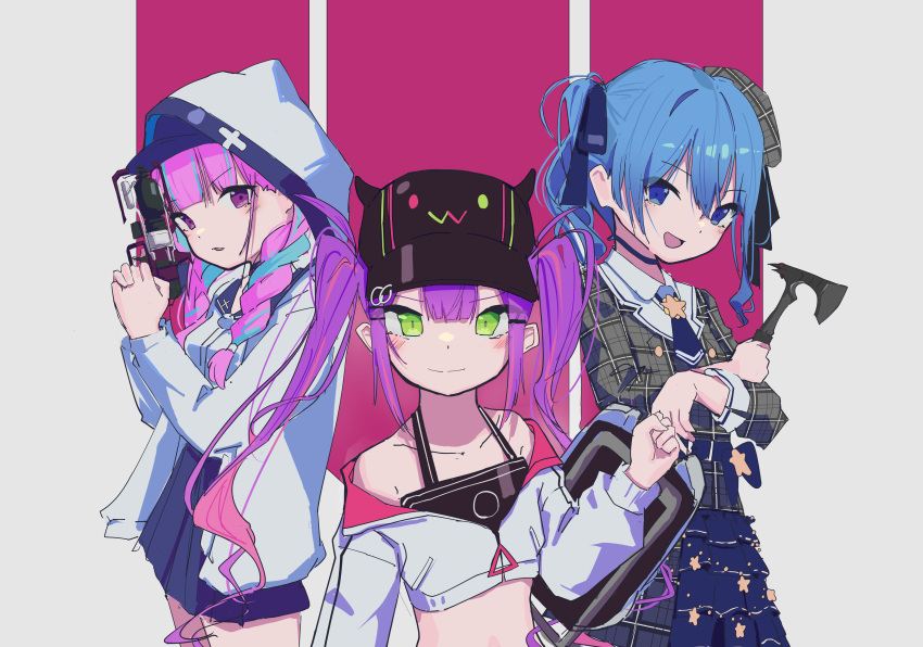 3girls :d absurdres axe baseball_cap beret black_hat blue_choker blue_hair blue_necktie blue_ribbon blue_skirt blue_sky blunt_bangs blush braid breasts brianlee709 center-flap_bangs choker collarbone collared_jacket collared_shirt commentary cropped_jacket english_commentary green_eyes grey_hat grey_jacket grey_skirt gun hair_between_eyes hair_ornament hair_ribbon hairclip halterneck handgun hat highres holding holding_axe holding_gun holding_weapon hololive hood hooded_jacket hoshimachi_suisei hoshimachi_suisei_(1st_costume) jacket long_sleeves looking_at_viewer low_twin_braids minato_aqua minato_aqua_(sailor) mixed-language_commentary multicolored_hair multiple_girls necktie off-shoulder_jacket off_shoulder one_side_up open_clothes open_jacket pink_background pink_hair plaid_clothes plaid_hat plaid_jacket plaid_skirt pleated_skirt purple_eyes purple_hair ribbon sailor_collar shirt short_necktie sidelocks simple_background skirt skirt_set sky small_breasts smile stomach streaked_hair thighs tokoyami_towa tokoyami_towa_(1st_costume) twin_braids twintails virtual_youtuber weapon white_background white_jacket white_sailor_collar white_shirt