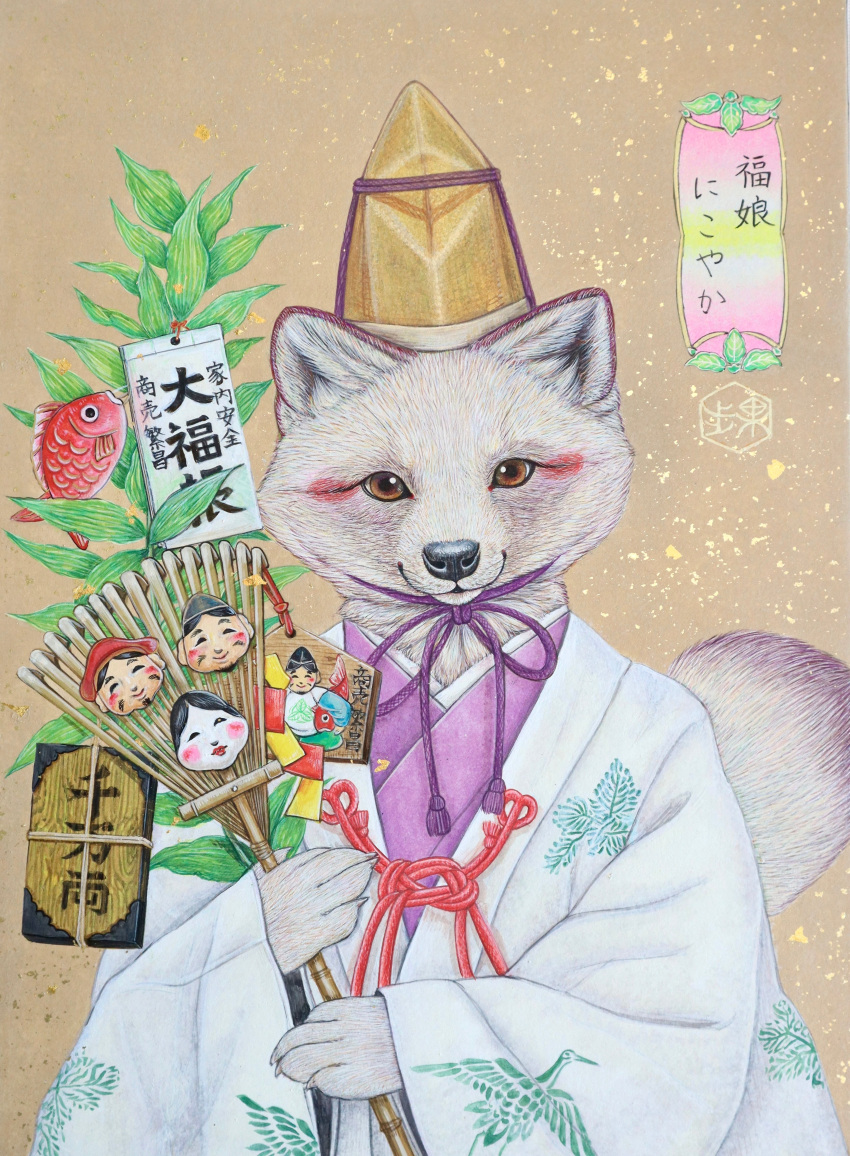 absurd_res anthro asian_clothing asian_mythology canid canine clothed clothing east_asian_clothing east_asian_mythology female fur hi_res japanese_clothing japanese_mythology japanese_text kaho_nishikawa kimono mammal mythology orange_eyes raccoon_dog simple_background solo tanuki text traditional_media_(artwork) white_body white_fur