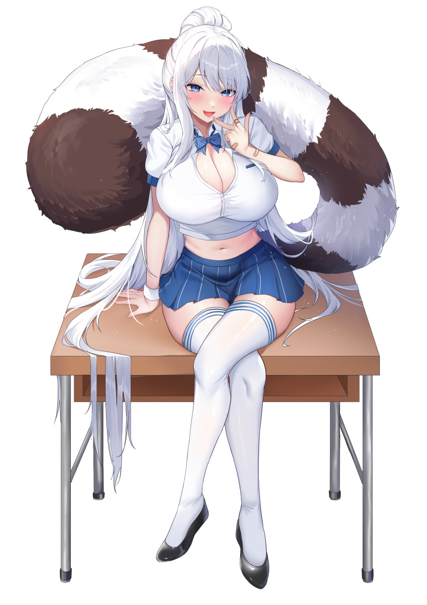 absurdres bandaid bandaid_on_hand blue_eyes blue_skirt blush breasts chair cleavage collared_shirt commission crop_top crossed_legs deogho_(liujinzy9854) desk female flats full_body hair_between_eyes highres large_breasts long_hair looking_at_viewer midriff miniskirt navel on_desk open_mouth original pleated_skirt ponytail school_uniform shirt short_sleeves sidelocks simple_background sitting skirt smile solo stomach tail thighhighs thighs white_background white_hair white_shirt white_thighhighs zettai_ryouiki