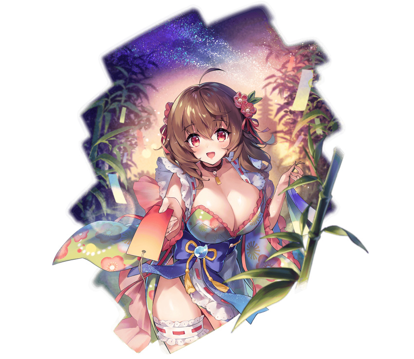 :d ahoge bamboo bamboo_forest breasts brown_hair choker cleavage cowboy_shot crossed_bangs female flower forest hair_between_eyes hair_flower hair_ornament hand_up highres large_breasts looking_at_viewer nature night night_sky official_alternate_costume official_art outdoors outstretched_arm phantom_of_the_kill red_eyes shichishitou_(phantom_of_the_kill) sidelocks sky smile solo standing tanabata thighs