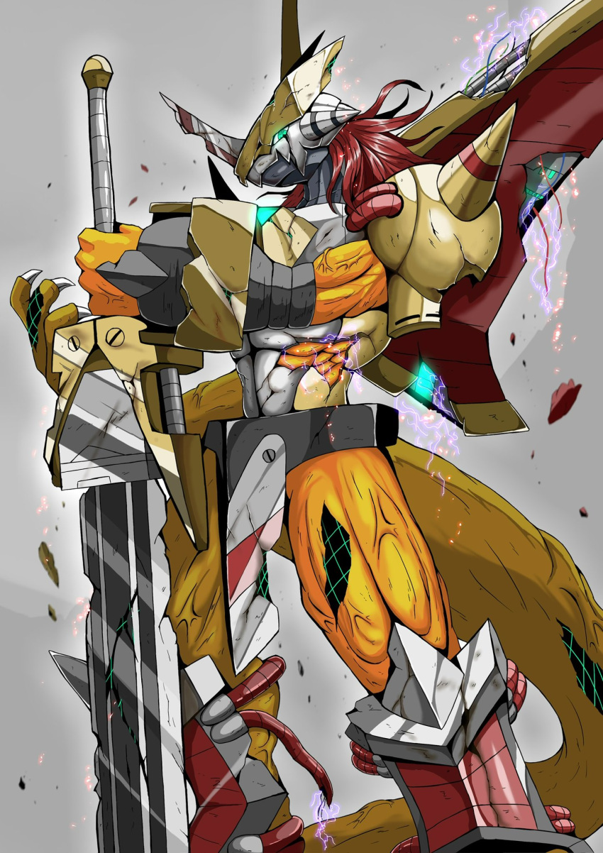 anthro armor bandai_namco battle_damage digimon digimon_(species) hair headgear helmet hi_res male melee_weapon muscular muscular_anthro muscular_male red_hair solo sutunununu sword victorygreymon weapon wounded