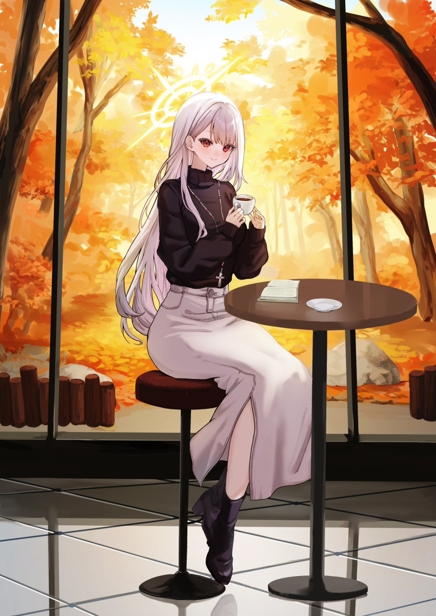 autumn_leaves bar_stool black_footwear black_sweater book boots breasts closed_mouth commentary commission cross cross_necklace cup female grey_hair halo heart heart-shaped_pupils highres holding holding_cup inaba_0717 indie_virtual_youtuber jewelry long_hair long_sleeves necklace open_book red_eyes reflective_floor rock saucer side_slit sitting skeb_commission skirt smile solo stool sweater symbol-shaped_pupils tenkyu_zakuro tree virtual_youtuber white_skirt