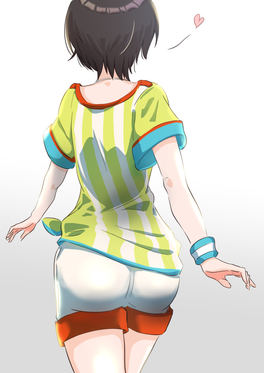 absurdres ass back brown_hair cowboy_shot facing_away female from_behind heart highres hololive medium_hair official_alternate_costume oozora_subaru shirt short_hair short_sleeves shorts simple_background solo sportswear standing striped_clothes striped_shirt t-shirt taachika thighs vertical-striped_clothes vertical-striped_shirt white_background white_shorts wristband