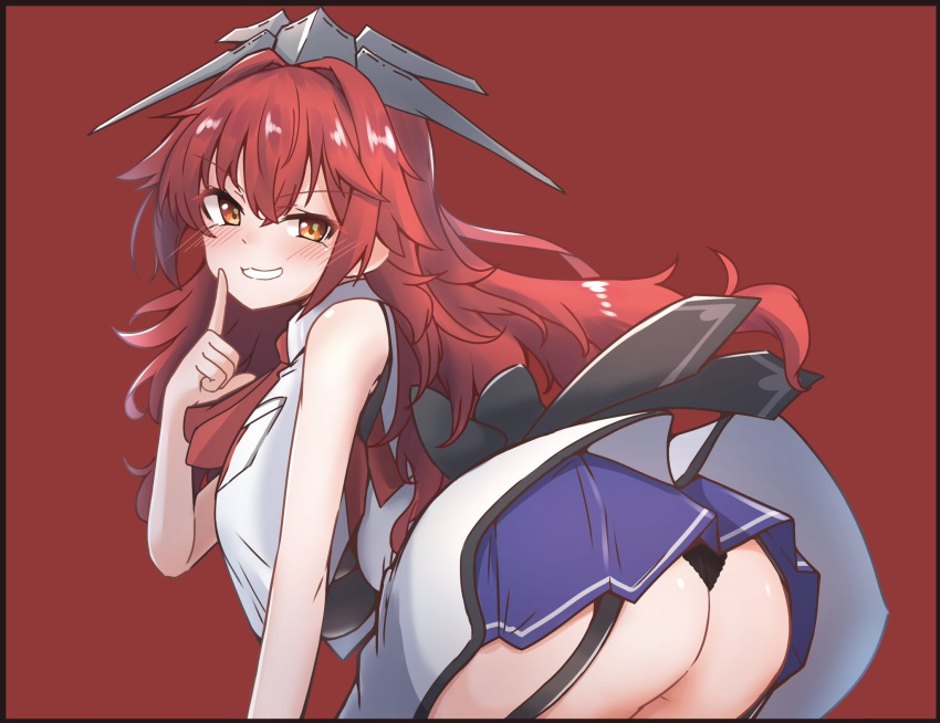 702_(naotsu) ass back_bow black_bow black_panties blue_skirt bow bowtie cowboy_shot female finger_to_mouth garter_straps grin headgear highres jacket kantai_collection leaning_forward long_hair looking_at_viewer military_uniform neckerchief panties phoenix_(kancolle) red_bow red_bowtie red_eyes red_hair red_neckerchief skirt sleeveless sleeveless_jacket smile solo underwear wavy_hair white_jacket white_overskirt