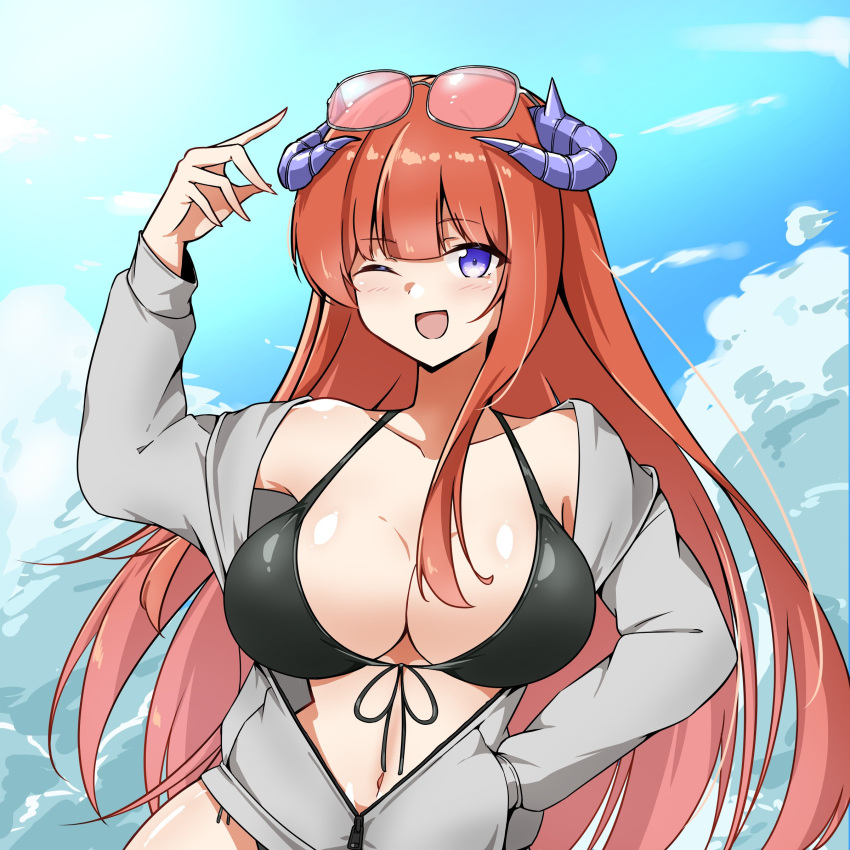 absurdres alternate_costume arknights arm_up bagpipe_(arknights) bikini black_bikini blouse blue_sky breasts cleavage cloud cloudy_sky collarbone commentary_request cowboy_shot dragon_horns eyewear_on_head female front-tie_bikini_top front-tie_top grey_shirt highres horns large_breasts light_blush long_hair long_sleeves navel open_clothes open_mouth open_shirt orange_hair purple_eyes shirt sky smile solo swimsuit xibu_cai