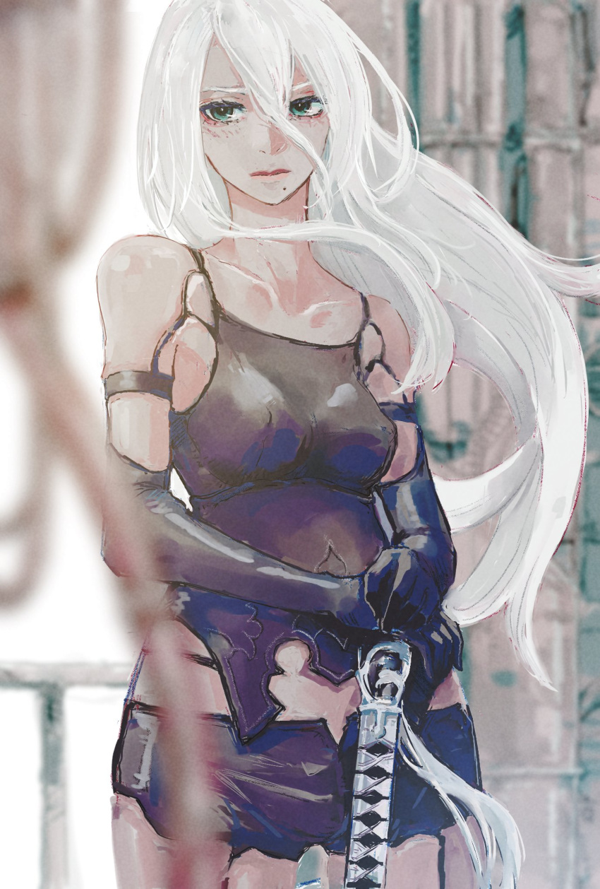 a2_(nier:automata) android black_gloves blurry blurry_foreground breasts closed_mouth collarbone commentary_request female gloves green_eyes hair_between_eyes highres joints long_hair mole mole_under_mouth nier:automata nier_(series) nutori_manga robot_joints solo sword weapon white_hair