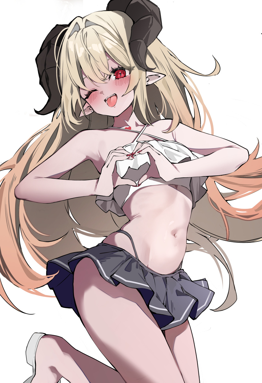 ;d absurdres armpits bare_arms bare_shoulders black_skirt blonde_hair commission criss-cross_halter crop_top demon_horns female gradient_hair halterneck heart heart_hands highleg highres horns kiro_(kirotayu) leg_up long_hair looking_at_viewer midriff miniskirt multicolored_hair nail_polish navel one_eye_closed open_mouth original panty_straps pleated_skirt pointy_ears red_eyes red_nails shirt simple_background skirt sleeveless sleeveless_shirt smile solo spaghetti_strap stomach thighs very_long_hair white_background white_footwear white_shirt