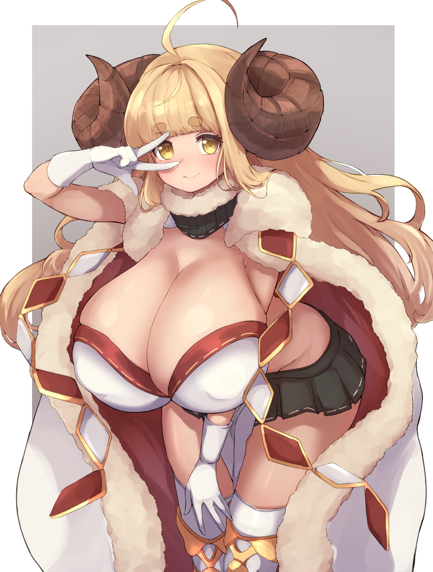 absurdres ahoge anila_(granblue_fantasy) blonde_hair breasts cleavage coat covered_nipples cowboy_shot curled_horns draph elbow_gloves female fur-trimmed_coat fur-trimmed_collar fur_trim gloves granblue_fantasy highres horns huge_breasts leaning_forward long_hair looking_at_viewer microskirt pelvic_curtain pleated_skirt skirt smile solo standing sushi_no_ikari thick_eyebrows thighhighs v white_gloves yellow_eyes