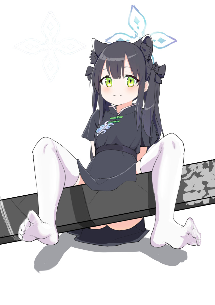 absurdres animal_ear_fluff animal_ears black_dress black_hair blue_archive blue_halo china_dress chinese_clothes commentary_request dress feet female green_eyes hair_ornament halo highres medium_hair mo_moaogu no_shoes shun_(blue_archive) shun_(small)_(blue_archive) smile solo thighhighs toes two_side_up white_background white_thighhighs