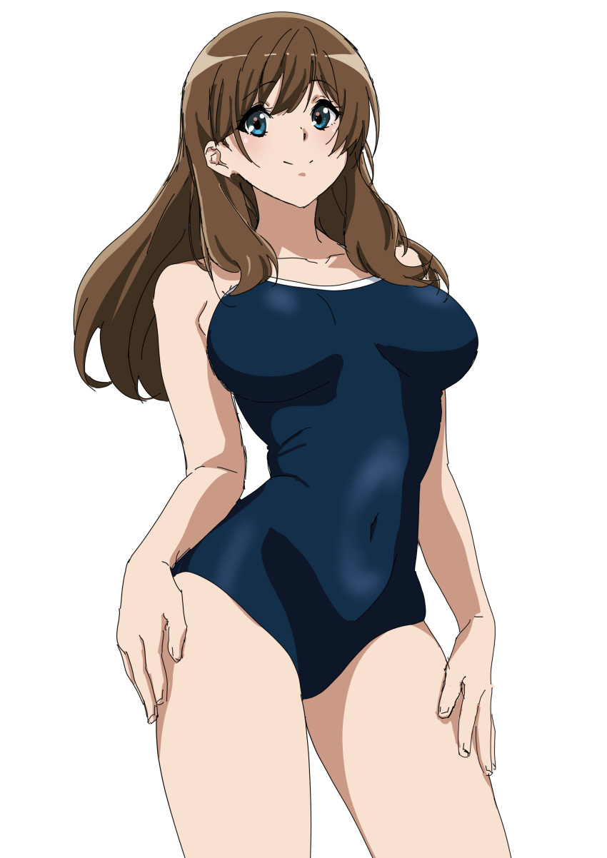 absurdres blue_one-piece_swimsuit breasts brooklyn brown_hair collarbone competition_school_swimsuit contrapposto cowboy_shot female hibike!_euphonium highres kuroe_mayu large_breasts long_hair looking_at_viewer ojin one-piece_swimsuit school_swimsuit simple_background solo swimsuit white_background