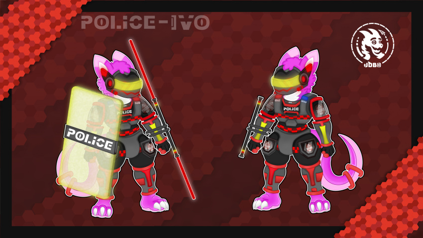 anthro armor clothing detailed_background evil_face evil_look fur futuristic futuristic_armor hi_res jdbo-arts machine male male/male meta pink_body pink_fur police police_officer police_uniform protogen protogen_visor shield solo uniform visor white_body