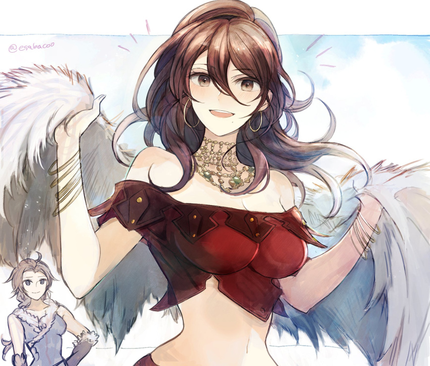 2girls :d artist_name bare_shoulders bracelet breasts brown_eyes brown_hair dancer earrings fur_shawl h'aanit_(octopath_traveler) hair_between_eyes highres holding_shawl hoop_earrings jewelry large_breasts leaf_(esabacoo) letterboxed long_hair looking_at_viewer multiple_bracelets multiple_girls navel notice_lines octopath_traveler octopath_traveler_i primrose_azelhart shawl smile teeth twitter_username upper_teeth_only