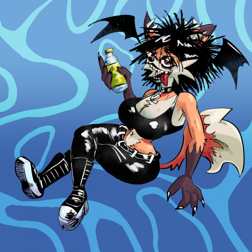 alternative_fashion anthro bat-eared_fox bat_wings big_breasts black_hair black_lipstick bodily_fluids boker bottomwear breasts canid canine choker cleavage clothed clothing digital_media_(artwork) eyeshadow fox fur goth hair head_wings hi_res jewelry laura_derose lipstick looking_at_viewer makeup mammal membrane_(anatomy) membranous_wings necklace orange_body orange_fur pants purple_eyeshadow red_eyes sharp_teeth shirt small_waist solo sweat tank_top teeth tongue tongue_out topwear unusual_wing_placement wings