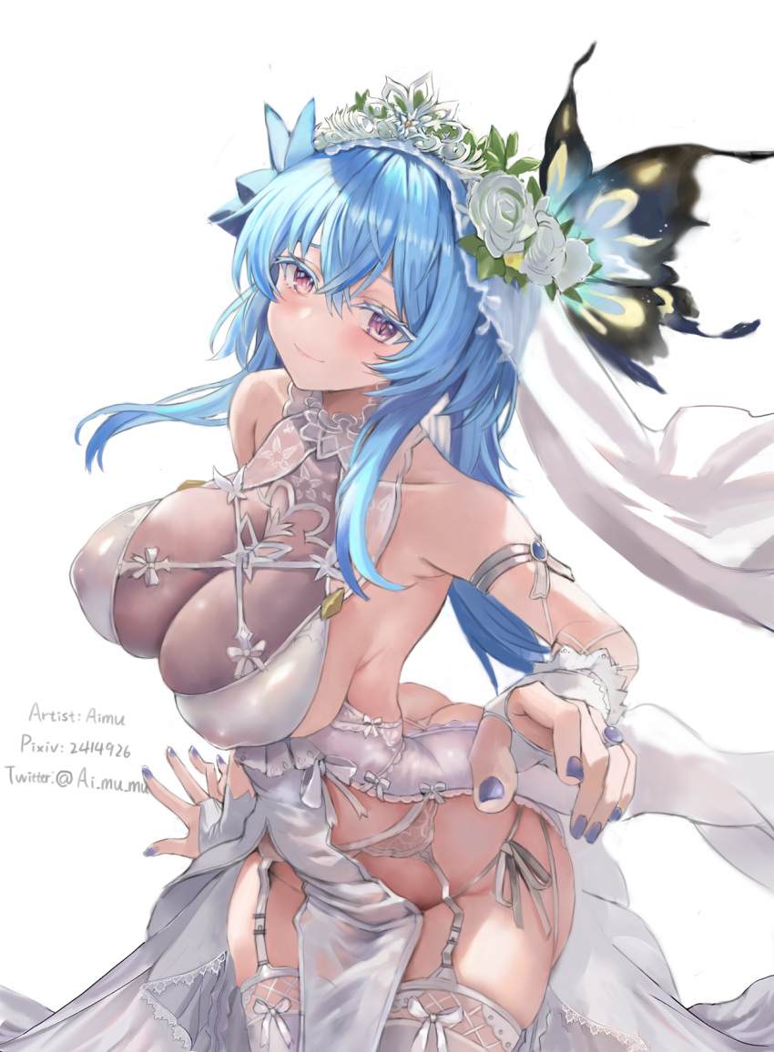 aimu_(angry9565) alternate_costume armpit_crease artist_name ass bare_shoulders blue_bow blue_hair blue_nails blush bow breasts bridal_veil chinese_commentary closed_mouth colored_eyelashes commentary_request covered_collarbone cowboy_shot dress female flower garter_belt garter_straps groin hair_between_eyes hair_flower hair_ornament hairbow highres jewelry large_breasts leaning_forward long_hair looking_at_viewer nail_polish no_panties pelvic_curtain purple_eyes reaching reaching_towards_viewer ring sidelocks simple_background smile solo the_shorekeeper_(wuthering_waves) thighhighs veil white_background white_dress white_garter_belt white_garter_straps white_thighhighs white_veil wuthering_waves