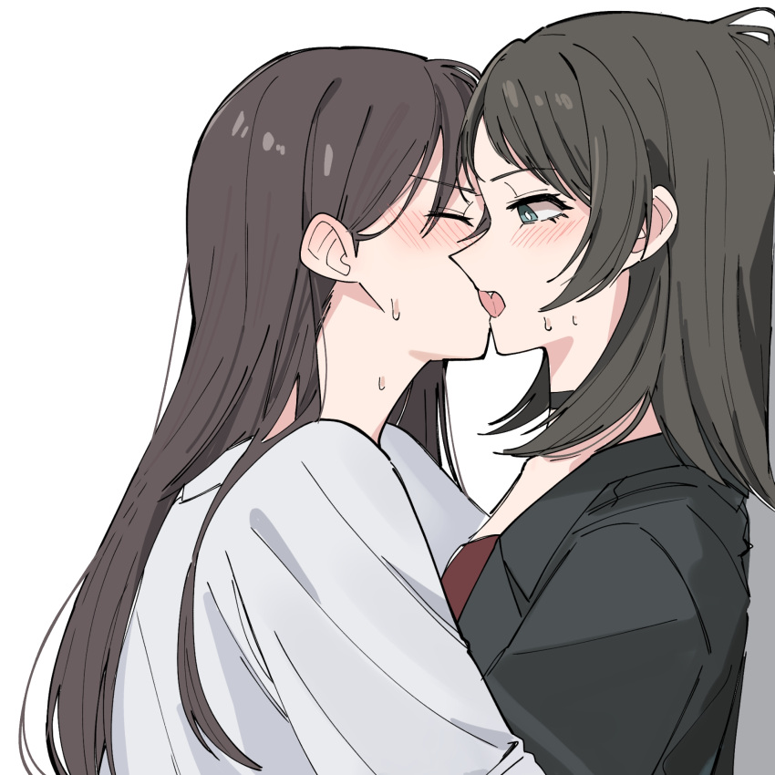 2girls bang_dream! bang_dream!_it's_mygo!!!!! black_choker black_hair black_jacket blue_eyes blush brown_hair choker closed_eyes commentary_request french_kiss highres jacket kissing long_hair medium_hair multiple_girls nanami_(nunnun_0410) open_mouth red_shirt shiina_taki shirt simple_background sweat white_background white_jacket yahata_umiri yuri