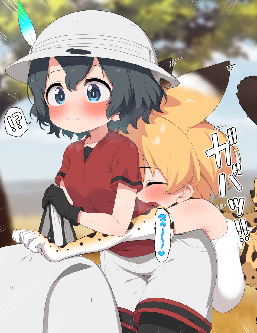 2girls animal_ears backpack bag black_hair black_pantyhose blonde_hair blush bow bowtie closed_eyes elbow_gloves extra_ears glomp gloves hat hat_feather helmet high-waist_skirt highres hug hug_from_behind kaban_(kemono_friends) kemono_friends multiple_girls pantyhose pith_helmet print_bow print_bowtie print_gloves ransusan red_shirt serval_(kemono_friends) serval_print shirt short_hair shorts skirt sleeveless sleeveless_shirt smelling smelling_clothes smile striped_tail surprised tackle tail yuri