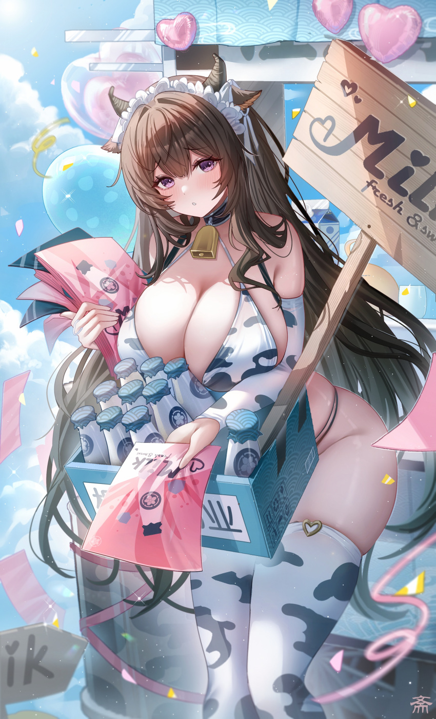 absurdres alternate_costume animal_ears animal_print azur_lane balloon bell blush bottle breasts brown_hair cleavage cow_ears cow_horns cow_print female flyer hair_ornament heart_balloon highres holding horns kashino_(azur_lane) large_breasts long_hair looking_at_viewer milk_bottle neck_bell parted_lips purple_eyes sign solo tansuan_(ensj3875) thighhighs thighs