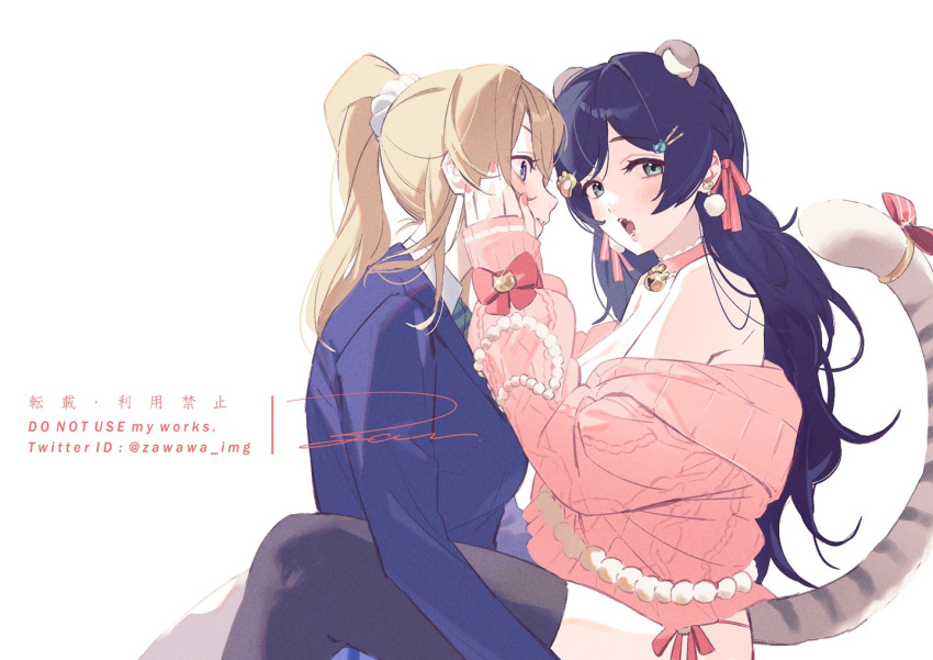 2girls animal_ears ayase_eli black_thighhighs blonde_hair blue_eyes bow cat_ears cat_tail collar green_eyes hair_ornament hair_scrunchie hands_on_another's_face looking_at_another love_live! love_live!_school_idol_project multiple_girls pink_nails pink_sweater purple_hair red_bow red_ribbon ribbon scrunchie sweater tail thighhighs tojo_nozomi white_scrunchie yuri zawawa_(satoukibi1108)