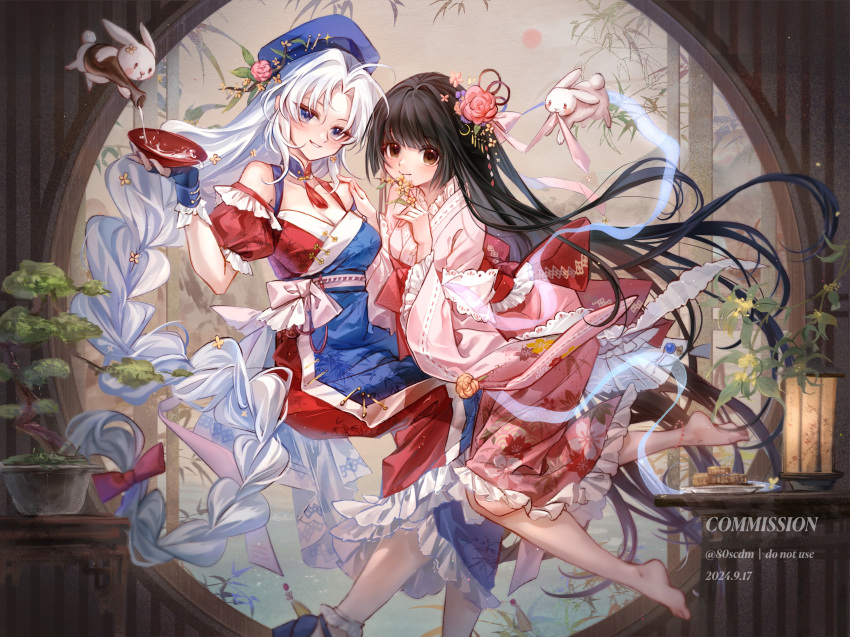 2girls 80isiiii absurdres barefoot black_hair blue_dress blue_eyes blue_gloves blue_hat bonsai bow braid breasts chinese_commentary cleavage commentary commission cup dated detached_sleeves dress fingerless_gloves floral_print flower gloves hair_flower hair_ornament hairbow hand_on_another's_shoulder hat highres holding holding_cup houraisan_kaguya inaba_mob_(touhou) japanese_clothes kimono lantern large_breasts long_hair long_sleeves looking_at_viewer mooncake multicolored_clothes multicolored_dress multiple_girls obi pink_flower pink_kimono plate pouring rabbit red_bow red_dress red_sash sakazuki sash single_braid sleeveless sleeveless_dress touhou two-tone_dress very_long_hair watermark wide_sleeves yagokoro_eirin