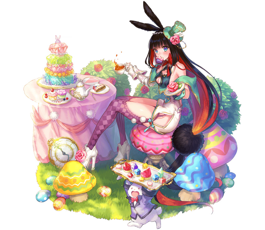 1other animal_ears black_hair chair checkered_socks claidheamh_soluis_(phantom_of_the_kill) clock colored_inner_hair cup easter easter_egg eating egg fake_animal_ears female from_side high_heels highres holding holding_cup long_hair looking_at_viewer mouth_hold multicolored_hair official_alternate_costume official_art on_chair outdoors phantom_of_the_kill purple_socks rabbit_ears red_hair socks table thighhighs very_long_hair white_footwear