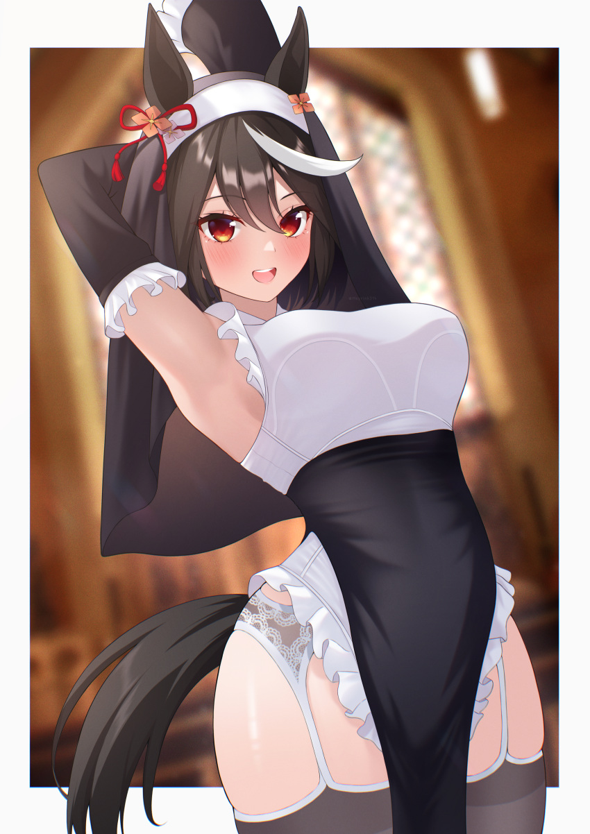 absurdres alternate_costume animal_ears armpits arms_up blurry blurry_background breasts commentary_request detached_sleeves female hair_between_eyes hair_ornament highres horse_ears horse_girl horse_tail kitasan_black_(umamusume) looking_at_viewer medium_breasts medium_hair meyrink nun red_hair solo tail thighhighs umamusume veil