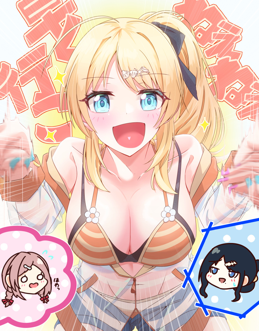 3girls absurdres ahoge bikini black_hair blonde_hair blue_eyes breasts brown_hair cleavage collarbone hachimiya_meguru hair_ornament hairclip highres idolmaster idolmaster_shiny_colors jacket kazano_hiori large_breasts long_hair looking_at_viewer manjukannon mole mole_under_mouth multiple_girls navel open_mouth orange_bikini ponytail sakuragi_mano see-through see-through_jacket smile striped_bikini striped_clothes swimsuit