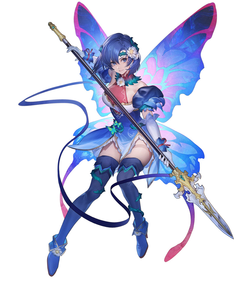 attack bare_shoulders blue_dress blue_eyes blue_footwear bob_cut boots breasts catria_(fire_emblem) catria_(resplendent)_(fire_emblem) cleavage dress elbow_gloves fairy_wings female fire_emblem fire_emblem:_mystery_of_the_emblem fire_emblem_heroes gloves headband high_heel_boots high_heels highres holding holding_polearm holding_weapon inverted_bob lance medium_breasts non-web_source official_alternate_costume official_art polearm puffy_short_sleeves puffy_sleeves short_hair short_sleeves solo v-shaped_eyebrows weapon white_gloves wings