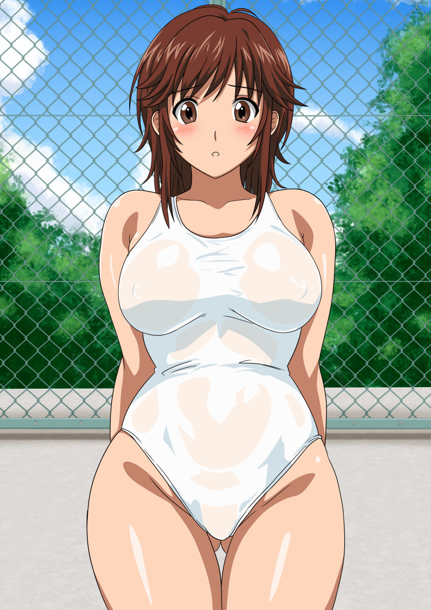 absurdres amagami ass_visible_through_thighs blue_sky breasts brown_eyes brown_hair chain-link_fence cloud commentary_request cowboy_shot fence highres large_breasts one-piece_swimsuit parted_bangs sakurai_rihoko see-through_one-piece_swimsuit short_hair sky swimsuit thigh_gap wet wet_clothes wet_swimsuit white_one-piece_swimsuit yuuyuu_(3jjbn)