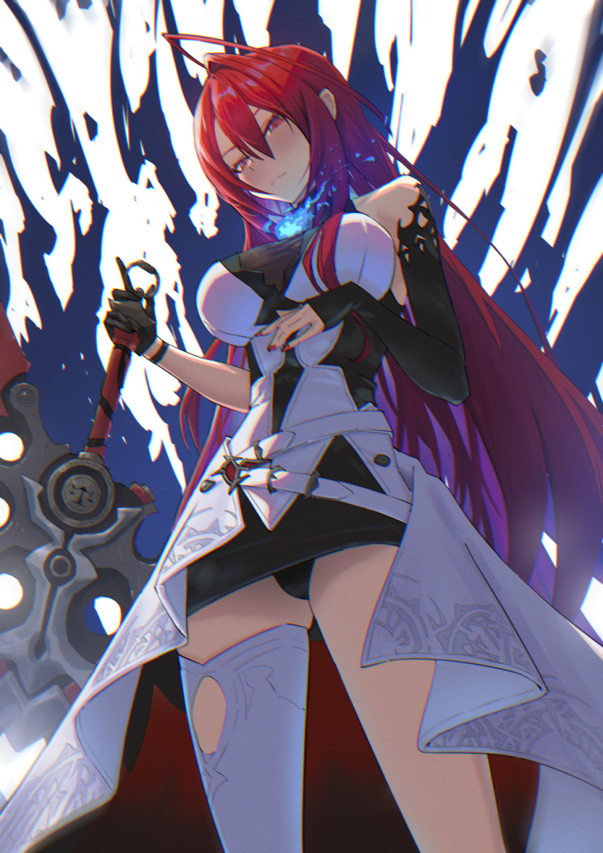 ahoge asymmetrical_gloves black_panties blue_fire breasts colored_inner_hair dress elizabeth_rose_bloodflame female fire gloves greatsword highres hololive hololive_english huge_ahoge huge_weapon large_breasts long_hair looking_at_viewer mismatched_gloves multicolored_hair panties red_eyes red_hair red_nails single_thighhigh solo sword thighhighs thorn_(elizabeth_rose_bloodflame) underwear varsien very_long_hair virtual_youtuber weapon white_dress