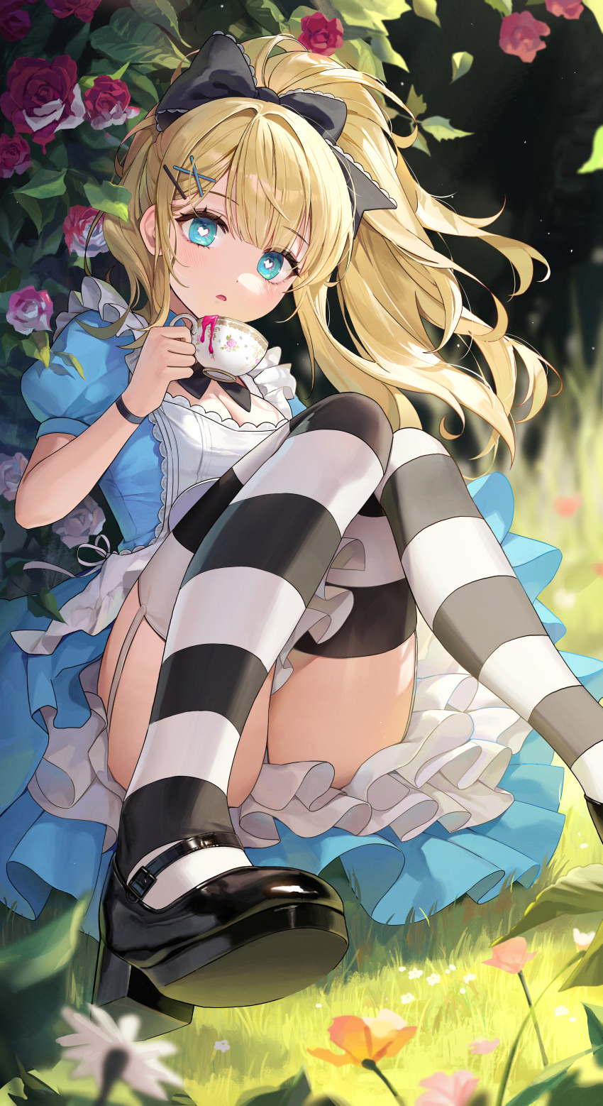 absurdres aimitkkays alice_(alice_in_wonderland) alice_in_wonderland aqua_eyes black_footwear blonde_hair blue_dress breasts cleavage cup dress female floating_hair flower frilled_dress frills garter_straps heart heart-shaped_pupils highres holding holding_cup knees_up looking_at_viewer mary_janes outdoors parted_lips ponytail red_flower red_rose rose shoes short_sleeves sitting solo striped_clothes striped_thighhighs symbol-shaped_pupils teacup thighhighs