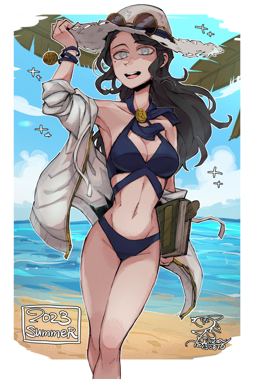 25_kimera absurdres beach bikini black_hair blind blue_bikini blue_sky book border breasts cassia_(25_kimera) cleavage commentary dated day english_text eyewear_on_head female grey_eyes hat highres holding holding_book leaf long_hair looking_at_viewer mole navel ocean open_mouth original signature sky smile solo summer sun_hat sunglasses swimsuit teeth upper_teeth_only white_border white_hat yellow-framed_eyewear