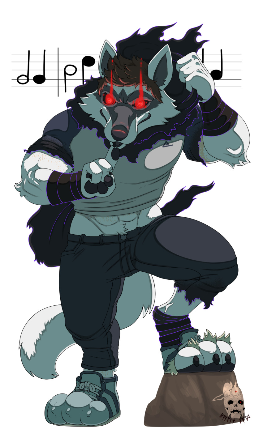 4_fingers 4_toes abs alpha_channel ankle_wraps anthro arm_tuft artist_logo big_muscles black_claws black_nose black_pawpads black_sclera bottomwear brown_hair canid canine canis cel_shading cheek_tuft claws clothing clothing_grab clothing_pull death_(puss_in_boots) digitigrade dreamworks elbow_tuft facial_markings facial_tuft feet finger_claws finger_to_lips fingers fluffy fluffy_tail foot_growth foot_on_object footwear fur glowing glowing_eyes grey_body grey_fur hair head_markings hi_res hood human_to_anthro justinfox logo male mammal markings mask_(marking) mid_transformation muscular muscular_anthro muscular_male musical_note musical_symbol pants pawpads paws plantigrade plantigrade_to_digitigrade possession puss_in_boots_(dreamworks) red_eyes shaded shirt shoe_burst shoes simple_background solo species_transformation standing symbol tail tight_clothing tight_footwear tight_shoes toe_claws toes tofubread topwear torn_bottomwear torn_clothing torn_pants torn_shoes transformation transparent_background tree_stump tuft whistling white_body white_fur wolf