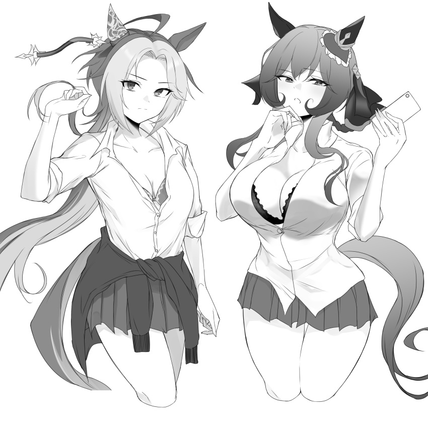 2girls absurdres animal_ears bra braid braided_hair_rings breasts cellphone cleavage clothes_around_waist collarbone collared_shirt cowboy_shot ear_covers ear_ornament gentildonna_(umamusume) greyscale gyaru hair_intakes hair_ornament hair_rings hand_on_own_chin highres holding holding_phone horse_ears horse_girl horse_tail jacket jacket_around_waist long_hair looking_at_viewer miniskirt monochrome multicolored_hair multiple_girls narrowed_eyes orfevre_(umamusume) partially_unbuttoned phone pleated_skirt shirt sidelocks single_ear_cover skirt sleeves_rolled_up smartphone tail tied_jacket umamusume underwear very_long_hair yomesuket