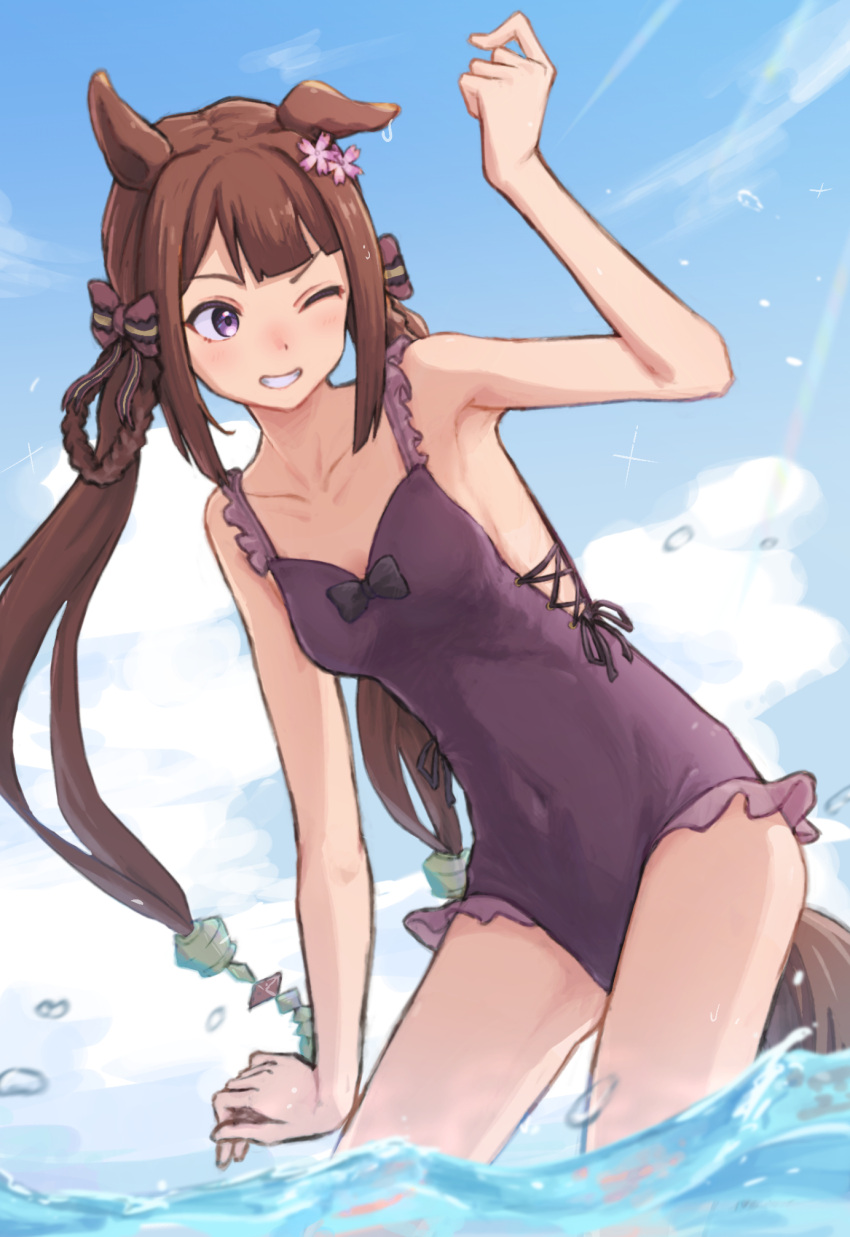 alternate_costume animal_ears armpits breasts brown_hair cocoa_inryo collarbone commentary_request covered_navel hair_ornament hair_rings highres horse_ears horse_girl horse_tail long_hair official_alternate_costume one_eye_closed purple_eyes ribbon small_breasts sweep_tosho_(umamusume) swimsuit tail twintails umamusume