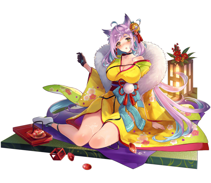 :o ahoge aqua_hair arm_support blush breasts brown_gloves cleavage colored_inner_hair female floral_print full_body gloves hair_ornament highres japanese_clothes kimono large_breasts long_hair looking_at_viewer multicolored_hair obi official_alternate_costume official_art phantom_of_the_kill purple_hair sash sidelocks sitting socks solo tatami transparent_background vanargand_(phantom_of_the_kill) very_long_hair wariza wet white_socks yellow_eyes yellow_kimono