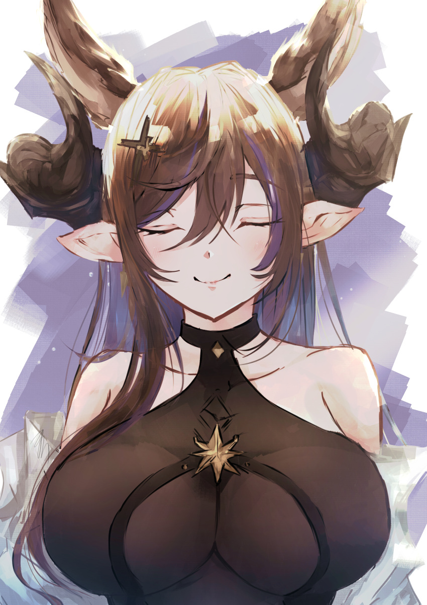 absurdres animal_ears bare_shoulders bikini black_bikini blue_background blue_hair breasts brown_hair cleavage closed_eyes earrings extra_ears female floating_earring galleon_(granblue_fantasy) galleon_(summer)_(granblue_fantasy) granblue_fantasy hair_between_eyes hair_ornament highres horns jewelry koyochi_(koyochi0716) long_hair multicolored_hair official_alternate_costume pointy_ears see-through see-through_cleavage smile solo streaked_hair swimsuit two-tone_background upper_body white_background