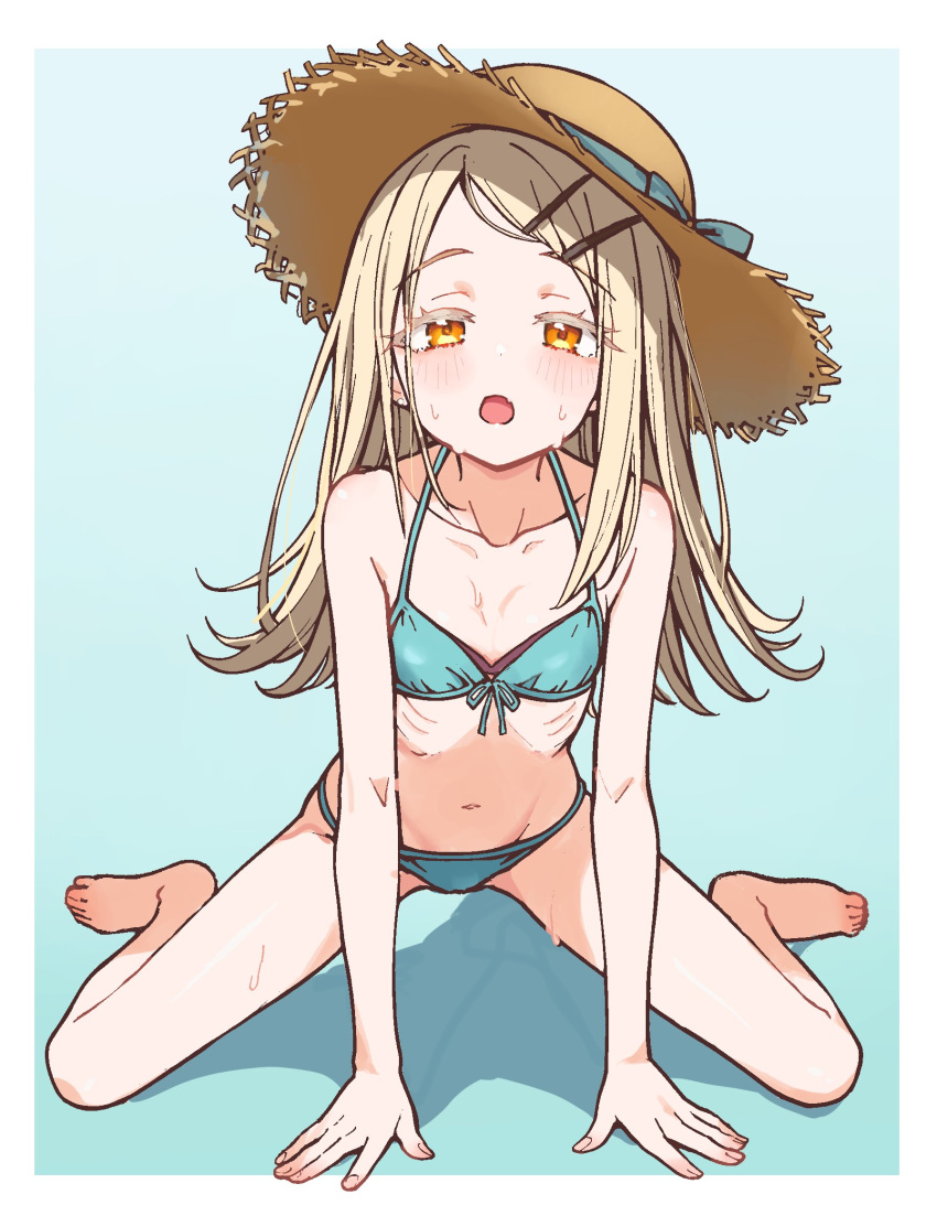 :o arm_support bare_legs barefoot bikini blush collarbone colored_eyelashes commentary_request earrings female flipped_hair front-tie_bikini_top front-tie_top gakuen_idolmaster halterneck hat highres idolmaster jewelry kirara_mune kneeling light_brown_hair long_hair looking_at_viewer navel oerba_yun_fang orange_eyes ribs shinosawa_hiro skin_fang skinny solo stomach straw_hat string_bikini stud_earrings sweat swimsuit toes very_long_hair