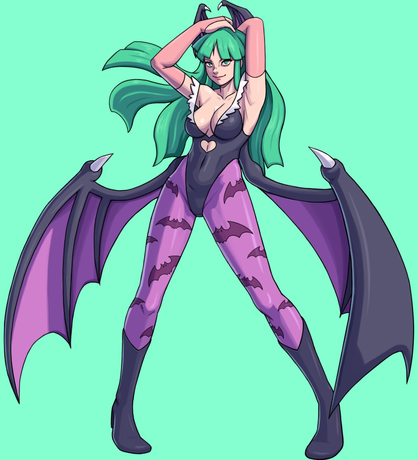 animal_print armpits bat_print bat_wings black_footwear black_leotard boots breasts bridal_gauntlets cleavage clothing_cutout covered_navel darkstalkers female green_background green_eyes green_hair hands_on_own_head head_wings heart_cutout highres knee_boots leotard long_hair marvel_vs._capcom medium_breasts moodypresence morrigan_aensland pantyhose pink_bridal_gauntlets print_pantyhose purple_pantyhose simple_background solo wings