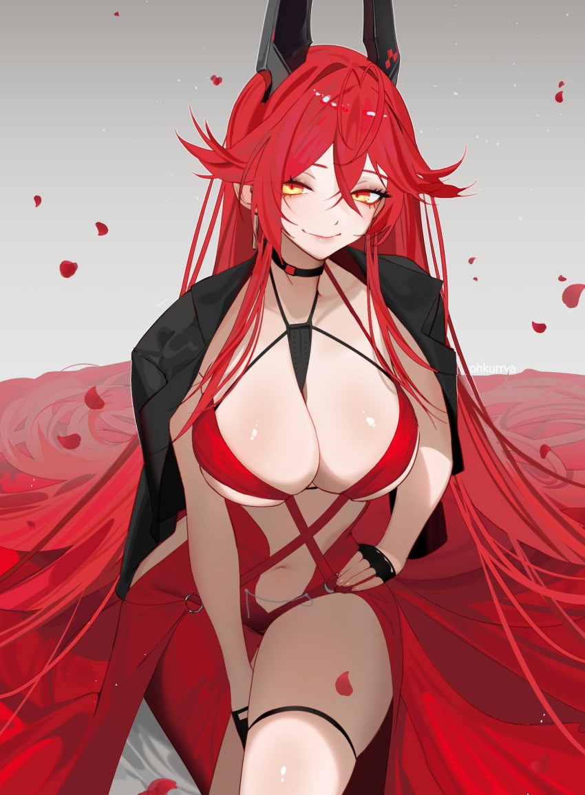 black_jacket breasts dress female goddess_of_victory:_nikke hashtag-only_commentary highres jacket large_breasts long_dress long_hair looking_at_viewer mature_female ohkurrva orange_eyes red_hair red_hood_(nikke) red_hood_(nonsense_red)_(nikke) smile solo thighs