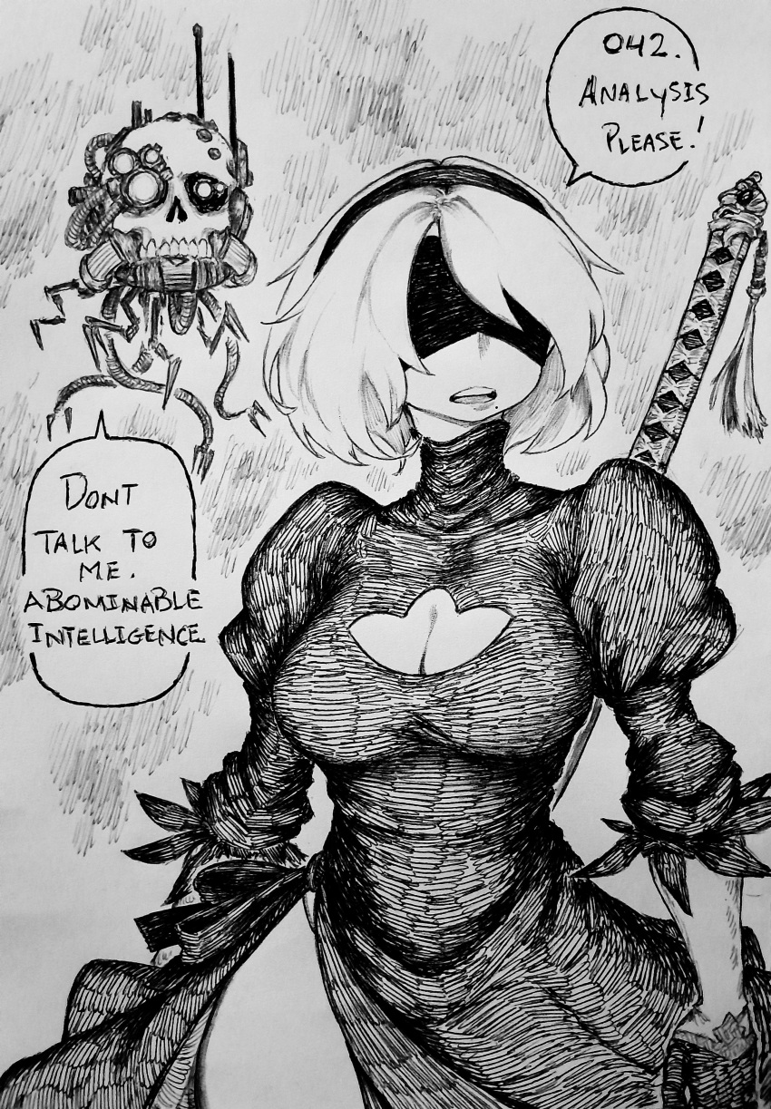 2b_(nier:automata) absurdres blindfold breasts character_request chronozbergh cleavage cleavage_cutout clothing_cutout commentary copyright_request dress english_commentary english_text female graphite_(medium) greyscale hairband highres large_breasts monochrome nier:automata nier_(series) non-humanoid_robot open_mouth robot short_hair speech_bubble sword sword_on_back thighs traditional_media weapon weapon_on_back