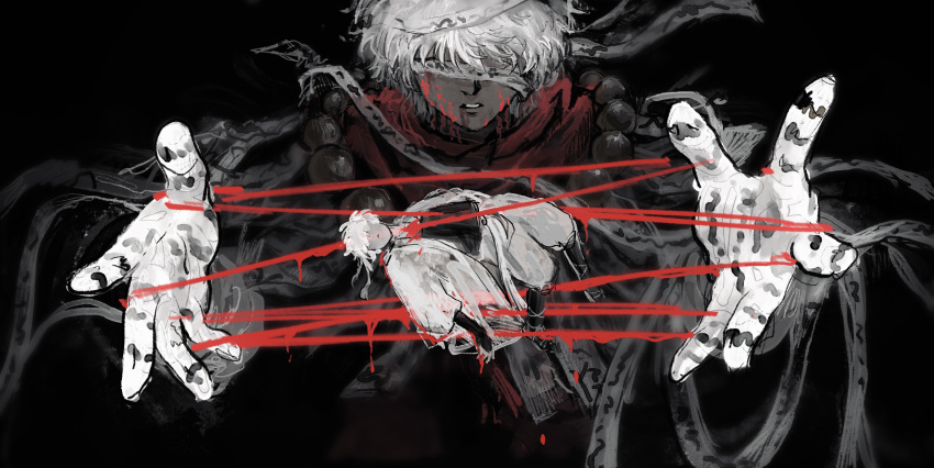 2boys absurdres bandaged_arm bandaged_head bandages bead_necklace beads black_background blood blood_from_mouth blood_on_face death dual_persona facial_mark gintama gintama_movie_2:_yorozuya_yo_eien_nare highres japanese_clothes jewelry lushu_kuye male_focus multiple_boys necklace official_alternate_costume ofuda ofuda_on_clothes parted_lips robe sakata_gintoki short_hair string string_of_fate symbolism talisman white_hair