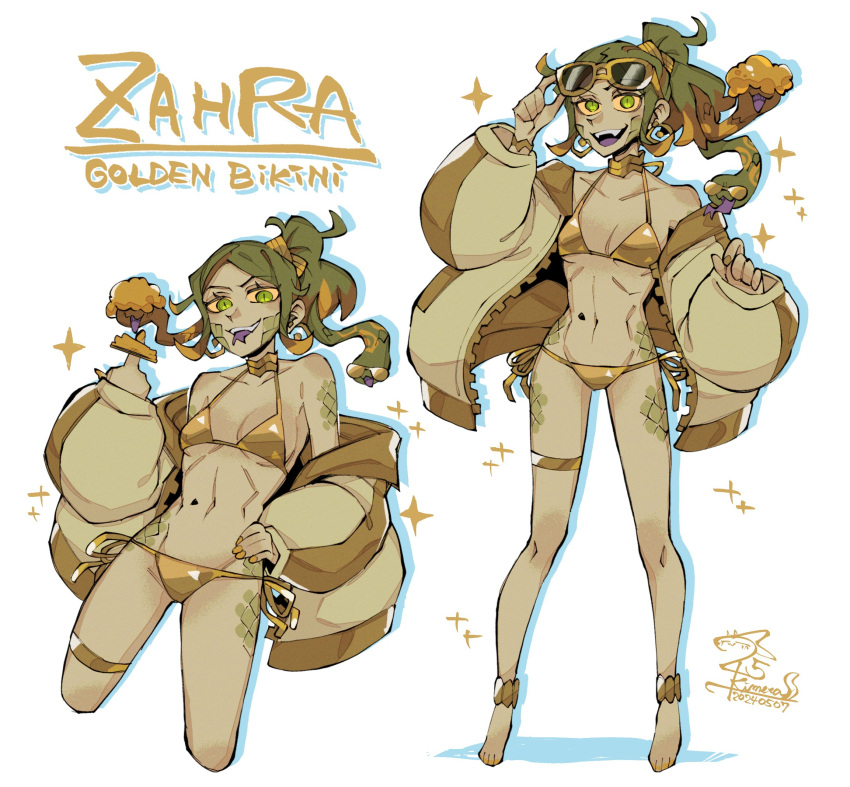 25_kimera bare_shoulders barefoot bikini breasts character_name cleavage coat colored_sclera colored_skin commentary dated english_commentary english_text fangs female forked_tongue gold_bikini green_eyes green_hair green_skin highres long_hair multiple_views navel open_clothes open_coat open_mouth original shadow signature simple_background small_breasts smile snake_hair swimsuit teeth tongue upper_teeth_only white_background yellow_sclera zahra_(25_kimera)