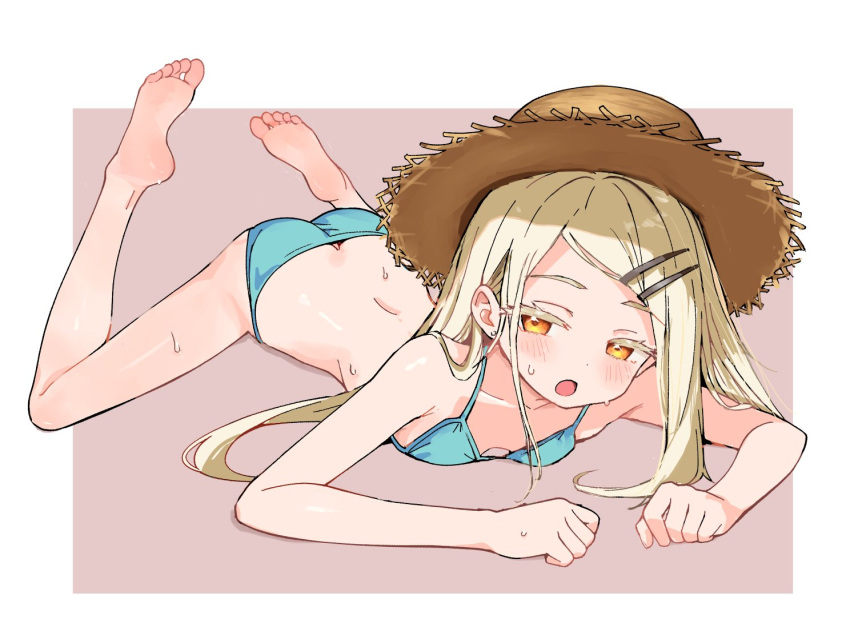 :o aqua_bikini ass bare_legs barefoot bikini blonde_hair blush breasts collarbone colored_eyelashes commentary_request feet feet_up female gakuen_idolmaster hat idolmaster kirara_mune long_hair looking_at_viewer lying on_stomach orange_eyes shinosawa_hiro simple_background small_breasts soles solo straw_hat sweat swept_bangs swimsuit toes two-tone_background