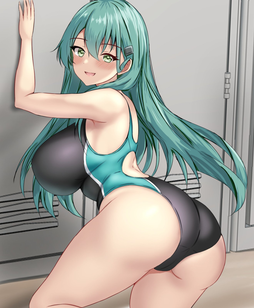 against_locker aqua_eyes aqua_hair ass back black_one-piece_swimsuit blush breasts changing_room competition_swimsuit female hair_ornament hairclip highres indoors kantai_collection large_breasts locker locker_room long_hair looking_at_viewer montemasa one-piece_swimsuit smile solo suzuya_(kancolle) swimsuit