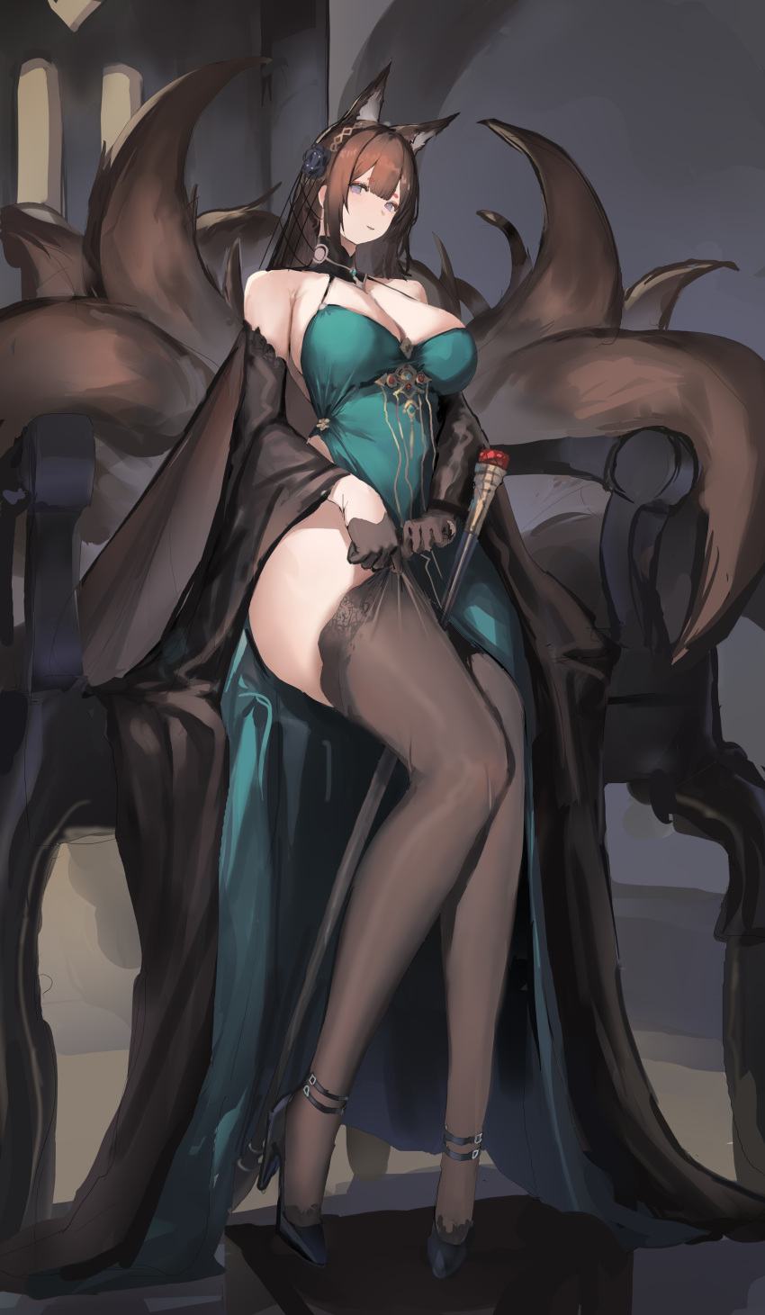 absurdres amagi_(cv)_(azur_lane) amagi_(cv)_(throne_of_fallen_petals)_(azur_lane) animal_ears art_study azur_lane bare_shoulders black_flower black_footwear black_rose breasts brown_gloves brown_hair brown_tail cleavage dress female flower fox_ears fox_girl fox_tail full_body gem gloves green_dress half_gloves high_heels highres holding holding_legwear holding_unworn_clothes kitsune kyuubi large_breasts long_hair looking_at_viewer lump_saury multiple_tails official_alternate_costume purple_eyes red_gemstone rose scepter solo tail