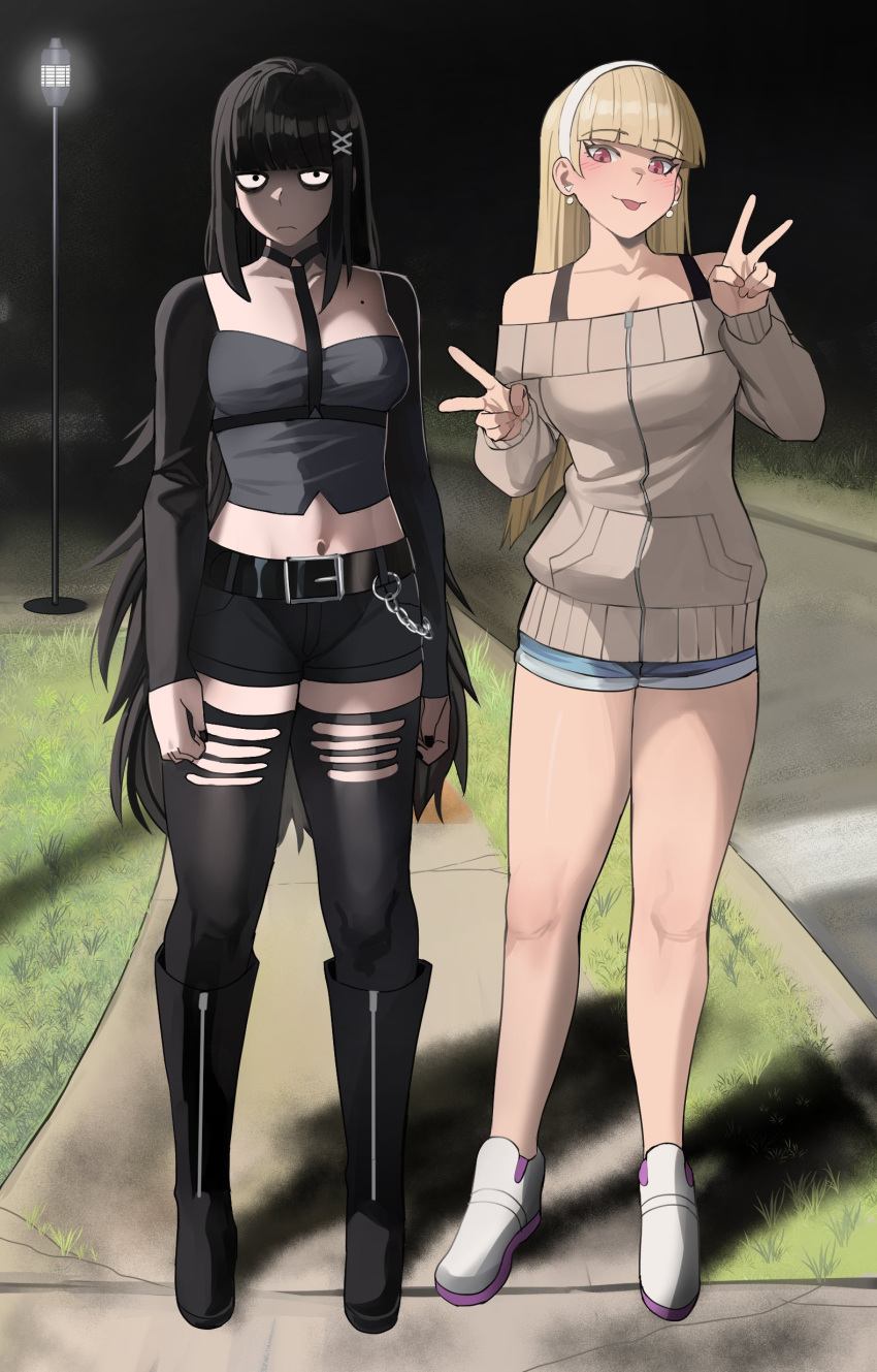 2girls :p absurdres bare_legs bare_shoulders belt black_belt black_eyes black_footwear black_hair black_shorts black_thighhighs blonde_hair blunt_bangs boots bra_strap claire_volikova crop_top denim denim_shorts double_v gelvira_(jourd4n) goth_fashion grass grey_shirt grey_sweater hairband highres jourd4n long_hair long_sleeves looking_at_viewer midriff mole multiple_girls navel night night_sky off-shoulder_sweater off_shoulder original outdoors pink_eyes revision shirt shoes short_shorts shorts sky smile standing sweater thighhighs thighs tongue tongue_out v very_long_hair white_footwear white_hairband