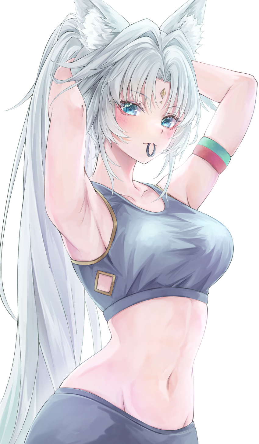 absurdres animal_ear_fluff animal_ears armpits arms_up black_shirt black_shorts breasts collarbone commentary cowboy_shot crop_top feixiao_(honkai:_star_rail) female forehead_jewel fox_ears fox_girl green_eyes hair_tie_in_mouth highres honkai:_star_rail honkai_(series) large_breasts light_blush linea_alba long_hair looking_at_viewer midriff mizuasagi35181 mouth_hold navel official_alternate_costume parted_bangs ponytail shirt shorts sidelocks simple_background solo stomach tying_hair upper_body very_long_hair white_background white_hair workout_clothes