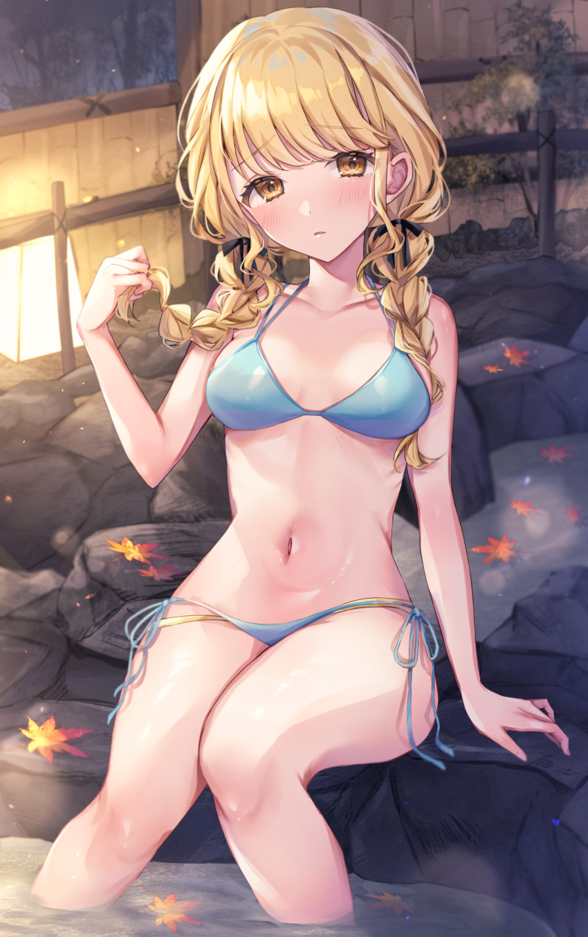 absurdres bare_legs bikini bikini_under_clothes blonde_hair blue_bikini blush braid commentary_request female fujita_kotone gakuen_idolmaster highres idolmaster lantern leaf looking_at_viewer maple_leaf onsen side-tie_bikini_bottom sitting soaking_feet solo sorashima_(117) swimsuit twin_braids wooden_wall yellow_eyes